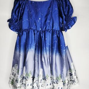 Pippa & Julie Kids Size 6 Blue and White Christmas Town W Lights Twirl Dress NWT